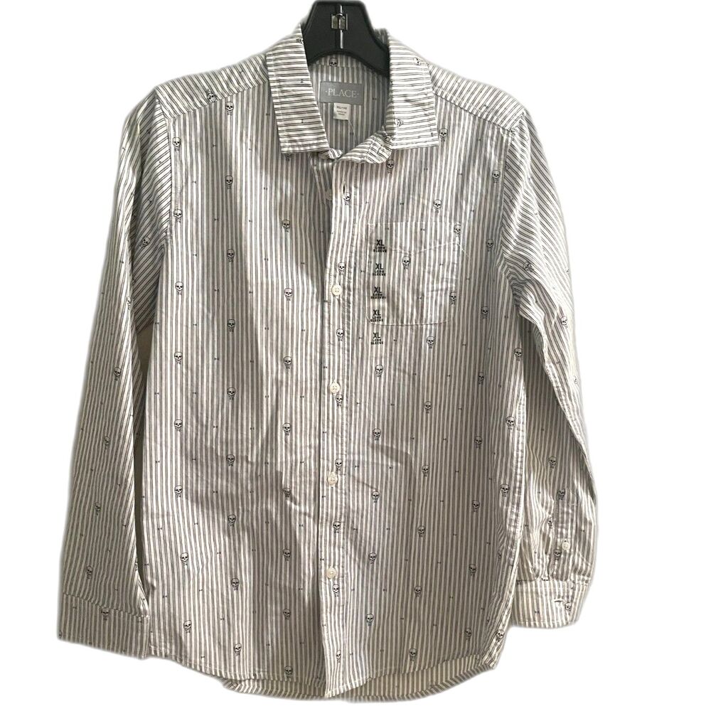 The Children's Place Boys XL 14, Skull Bowtie Shirt, Cotton Striped Long Sleeve